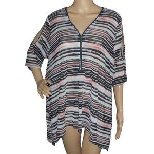 Robert Louis Blouse Womens XL Cold Shoulder pink black striped v-neck mesh sheer